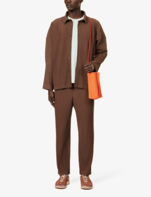 Shop Issey Miyake Ns Sepia Brown Pleated Regular-fit Straight-leg Knitted Trousers