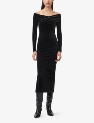 Allsaints Womens Delta Off-shoulder Long-sleeve Stretch-velvet Midi Dress Black In Black