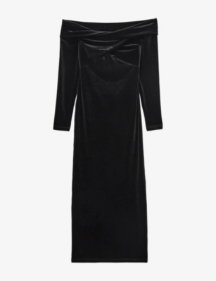 Allsaints Womens Delta Off-shoulder Long-sleeve Stretch-velvet Midi Dress Black In Black