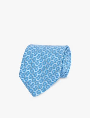 Shop Ferragamo Mens Logo-print Pointed-tip Silk Tie Azzurro