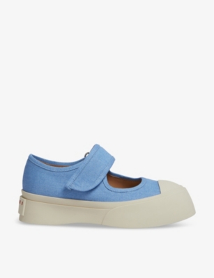 Shop Marni Womens Light Blue Branded Contrast-sole Cotton Low-top Trainers