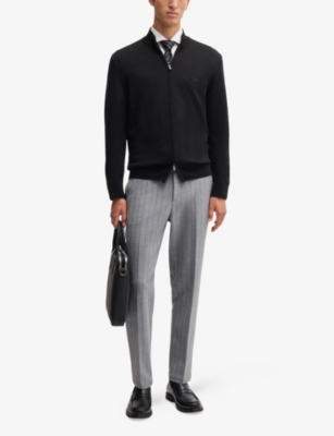 Hugo Boss Mens Brand-embroidered Zipped Cotton-knit Cardigan Black In Black