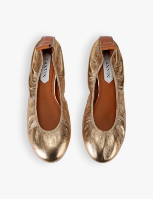 Shop Lanvin Womens Gold Logo-embossed Metallic Leather Ballet Flats