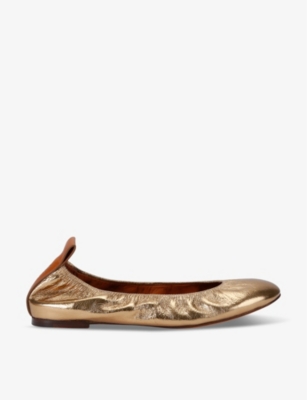 Shop Lanvin Womens Gold Logo-embossed Metallic Leather Ballet Flats