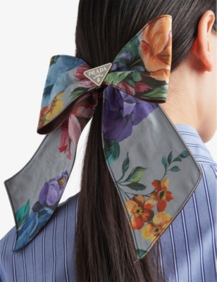 Shop Prada Womens Gold/silver Logo Plaque Floral-print Fabric Hair Clip