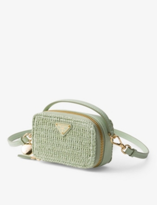 Shop Prada Crochet And Leather Mini Pouch In Green