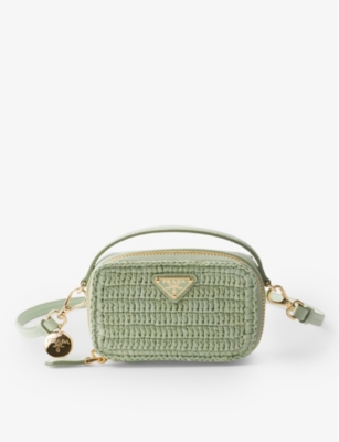 Shop Prada Crochet And Leather Mini Pouch In Green