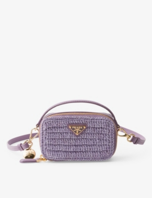 Shop Prada Crochet And Leather Mini Pouch In Purple