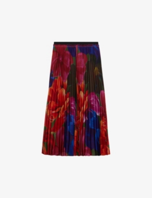 TED BAKER: Evola floral-print pleated recycled-polyester midi skirt