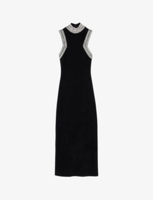 Sandro Velvet Embellished Maxi Dress In Noir / Gris