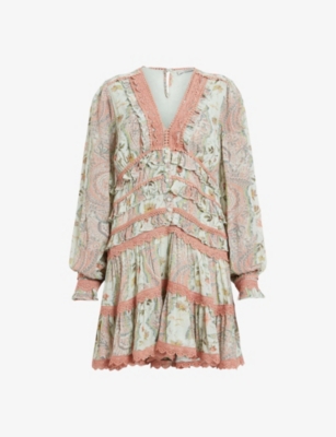 ALLSAINTS: Zora floral-print lace-embroidered woven mini dress