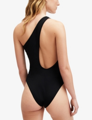 Shop Allsaints Women's Black Correl One-shoulder Asymmetric Swimsuit