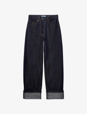 PRADA: Logo-plaque contrast-stitch wide-leg jeans