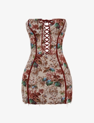 Mistress Rocks Floral Jacquard Strapless Corset Minidress In Tapestry