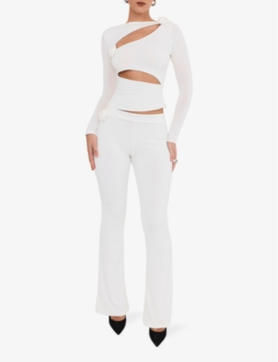 Mistress Rocks Womens Ivory Flower-embellished Cut-out Stretch-jersey Top In Ivory