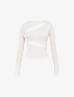 Mistress Rocks Womens Ivory Flower-embellished Cut-out Stretch-jersey Top In Ivory