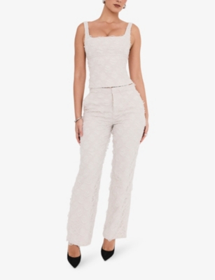 MISTRESS ROCKS: Textured floral-embellished straight-leg mid-rise woven trousers