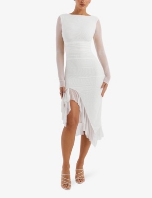 Shop Mistress Rocks Womens Asymmetric Ruffled-hem Stretch-mesh Midi Dress Ivory Xs