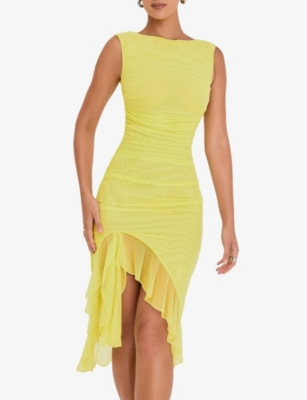 MISTRESS ROCKS: Asymmetric ruffled-hem stretch-mesh midi dress