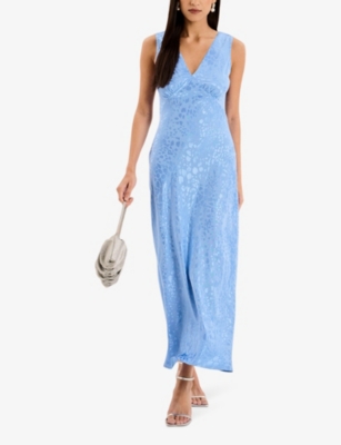Shop Omnes Women's Blue Jacquard Iris V-neck Sleeveless Woven Maxi Dress