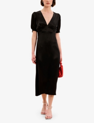 Shop Omnes Women's Black Odette V-neck Puff-sleeve Woven Midi Dress