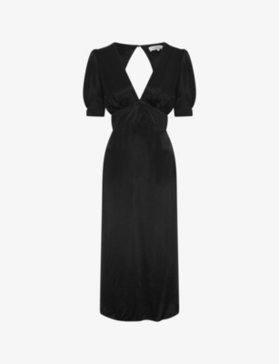 Shop Omnes Odette V-neck Puff-sleeve Woven Midi Dress In Black