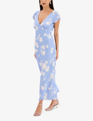 Shop Omnes Women's Blue Floral Woolf V-neck Short-sleeve Recycled-polyester Midi Dress