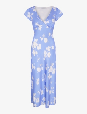 Shop Omnes Women's Blue Floral Woolf V-neck Short-sleeve Recycled-polyester Midi Dress