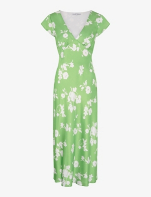 Shop Omnes Women's Green Floral Woolf Floral-print Short-sleeve Recycled-polyester Midi Dress