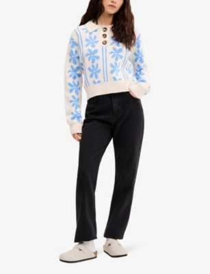 Shop Omnes Women's Blue Loren Floral-print Polo-collar Organic-cotton Jumper