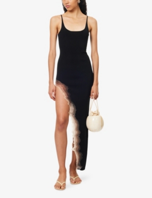 Grace Ling Womens Black Flame Flame Slit Stretch-woven Maxi Dress In Black