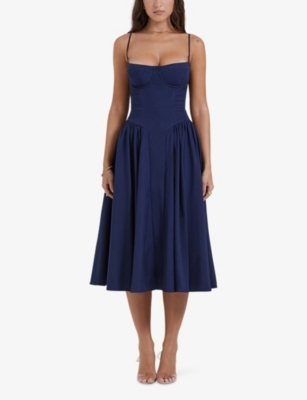Shop House Of Cb Of Cb Womens Samaria Corseted Woven Midi Dress French Navy