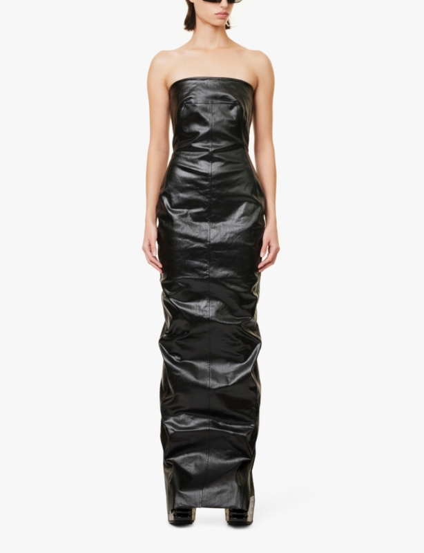 Laminated slim-fit denim-blend maxi dress