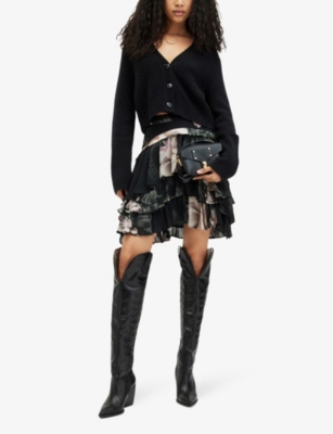 Shop Allsaints Women's Jet Black Cavrly Floral-print Ruffle Woven Mini Skirt