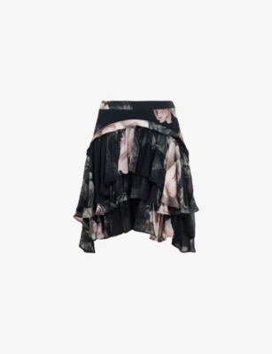 Shop Allsaints Women's Jet Black Cavrly Floral-print Ruffle Woven Mini Skirt