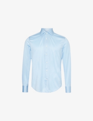Corneliani Mens Baby Blue Curved-hem Regular-fit Long-sleeve Cotton Shirt