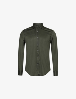 Corneliani Mens Olive Curved-hem Regular-fit Long-sleeve Cotton Shirt In Black