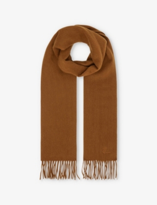 Shop Reiss Mens Fringed-trim Wool And Cashmere-blend Scarf Tobacco