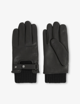 Reiss Mens Black Sanford Ribbed-cuff Leather Gloves