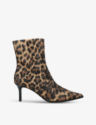 STEVE MADDEN WOMENS BROWN/OTH HEIRLOOM CRYSTAL-EMBELLISHED LEOPARD-PRINT HEELED FAUX-LEATHER ANKLE BOOTS 