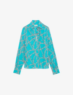 Shop Zadig & Voltaire Womens Aqua Tuile Chain-print Silk Shirt