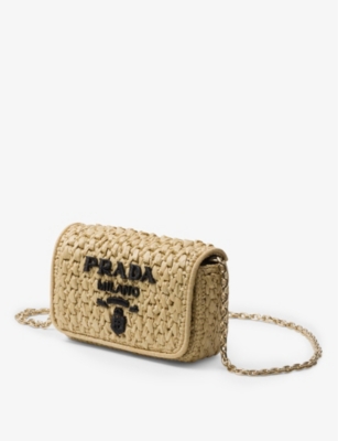 Prada Logo-embroidered Crochet Shoulder Bag In Neutral