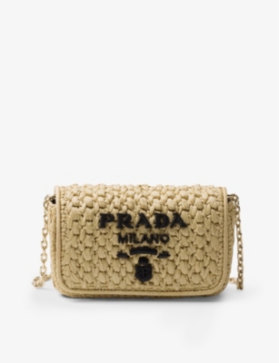 Prada Logo-embroidered Crochet Shoulder Bag In Neutral
