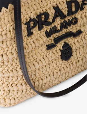Shop Prada Womens Neutral Brand-embroidered Crocheted Woven And Leather Tote Bag