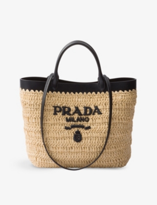 PRADA: Brand-embroidered crocheted woven and leather tote bag