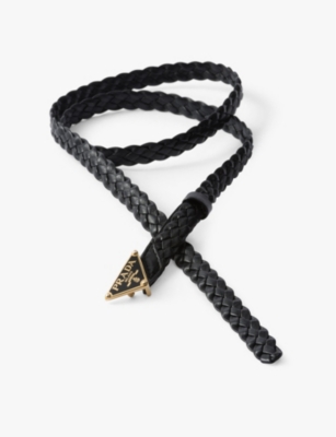 Branded-buckle braided leather belt