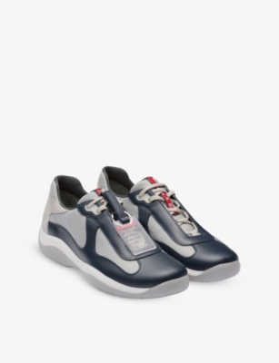 PRADA MENS PRADA AMERICA'S CUP RING-EMBELLISHED LEATHER AND MESH LOW-TOP TRAINERS 