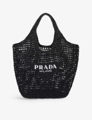 PRADA: Logo-embroidered crochet-pattern woven tote bag