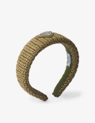 Prada Womens Neutral Crochet Brand-plaque Woven Headband In Green