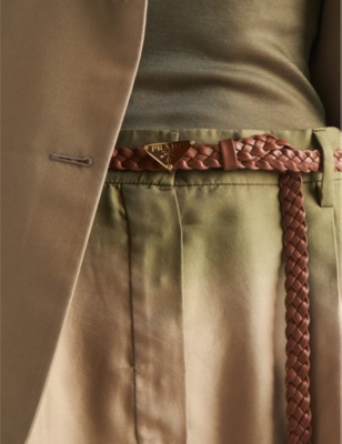 Branded-buckle braided leather belt